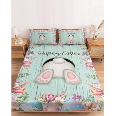 Imagem de Jogo de lençol Queen com elástico de ovos de coelhinho da Páscoa para colchão de até 40 cm, tábua de madeira azul-petróleo rústica de microfibra macia, lençol com bolso profundo com 2 fronhas