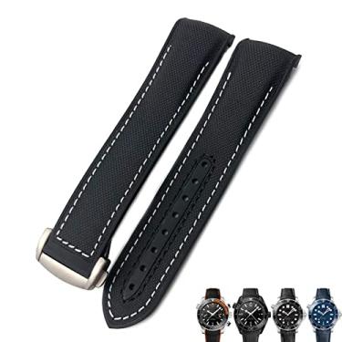Imagem de FULNES 21mm 22mm Borracha Nylon Watch Band 19mm 20mm para Omega Strap Planet Ocean Seamaster 300 Pulseira de Borracha (Cor: Preto Nylon Branco, Tamanho: 21mm)