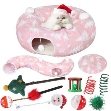 Imagem de Dansydaisy Cama de túnel de Natal para gatos com 8 brinquedos fofos para cães com almofada lavável e bolas penduradas, parquinho multifuncional de 1,5 m para coelhos pequenos, médios e grandes (árvore
