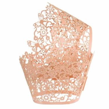 Imagem de HARFINGTON 50 peças de forros de cupcake de renda vazados com borboletas vazadas para cupcake, copos de papel artísticos para aniversários, casamentos, festas, rosa-claro