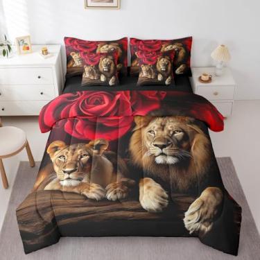 Imagem de Erosebridal Jogo de cama king size com leão, 7 peças, flor de rosa vermelha, animais ocidentais, conjunto de cama com edredom, vida selvagem africana