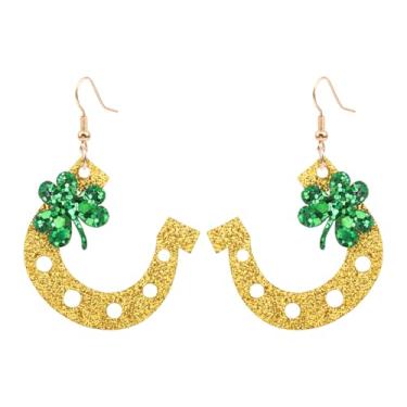 Imagem de ONENINEDREAM Brincos de trevo com glitter, acessórios para o dia de São Patrício, brincos verdes trevo, joias irlandesas para mulheres, acessórios verdes, Couro sintético, Sem pedra preciosa