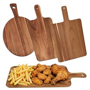 Imagem de Pacote com 3 tábuas de corte de madeira de acácia, tábua de corte de madeira redonda e retangular com alça, tábua de bife de pão de pizza de queijo charcutaria, tábuas decorativas de madeira para