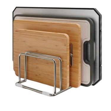 Imagem de Suporte de tábua de cortar de aço inoxidável, suporte antiderrapante para tábua de cortar com 4 compartimentos, organizador de tábuas de corte de metal para armário de bancada de cozinha