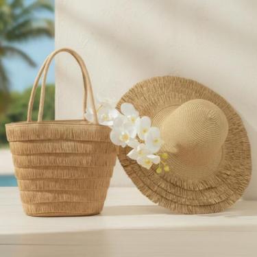 Imagem de Bolsa de Palha Feminina + Chapéu de Praia Dobrável com Proteção Solar 