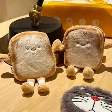 Imagem de Porta-chaves de desenho animado fofo torradas porta-moedas portátil leve chaveiro de pão bolsa de fone de ouvido para mulheres chaveiro (2 peças)