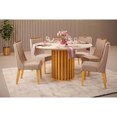 Imagem de Conjunto: Mesa de Cozinha Viena c/ Tampo Madeirado c/ Vidro 136x136cm e 6 Cadeiras Bia Cedro/Off White - Suede Kraft - DJ Móveis