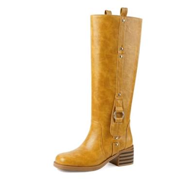 Imagem de CORNMOOD Banana Bota feminina cano alto bico quadrado salto grosso cavalgar botas longas para mulheres confortável salto baixo puxar na panturrilha larga outono bota alta, Amarelo, 38