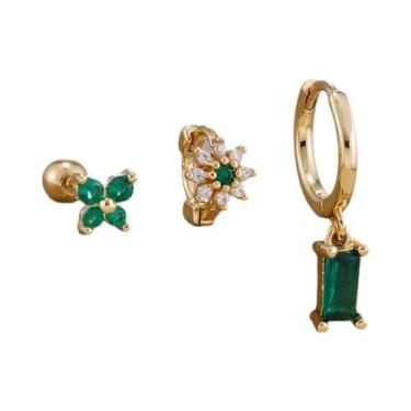 Imagem de Conjunto De Brincos De Argola Com Flor De Zircônia Banhados a Ouro 14K