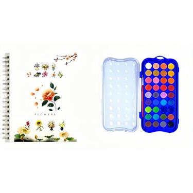 Imagem de Livro de exercícios em aquarela, conjunto de pintura de livros de cores de água de 36 cores, livro de colorir de água, conjunto de tinta para adultos, livro de aquarela, com tinta e caneta (flores