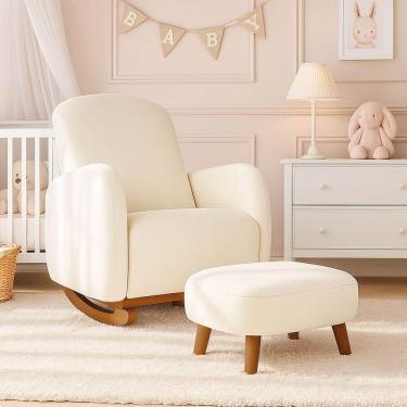 Imagem de Poltrona Amamentação Balanço Madeira E Puff Jhessy Bouclê R04 - D'rossi Bege