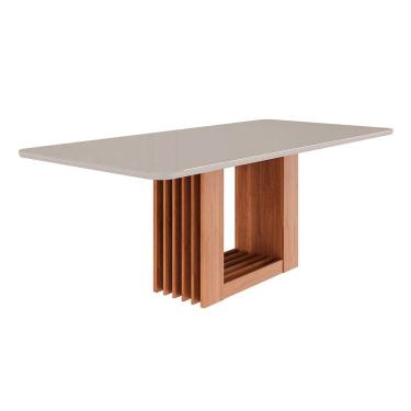 Imagem de Mesa p/ Cozinha Cimol Ariela c/ Tampo Madeirado Vidro Reto 210cm Cinamomo/Off White