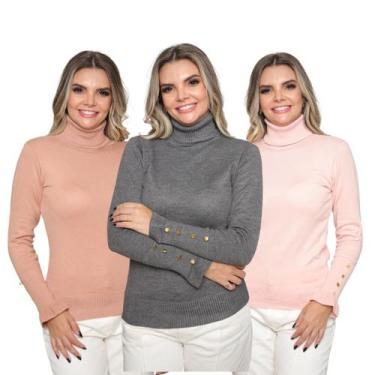 Imagem de Kit 3 Blusas Feminina Manga Longa com Botão Sueter Tricô Inverno 2024 