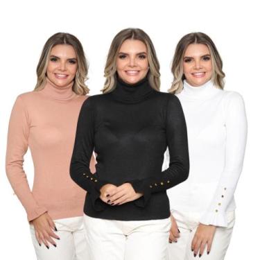 Imagem de Kit 3 Blusas Feminina Manga Longa com Botão Sueter Tricô Inverno 2024 