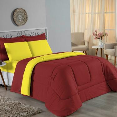 Imagem de Kit Edredom Dupla Face + Jogo De Lençol Casal Viúva Nobre 7 Peças Malha 100% Algodão - Vinho / Amarelo