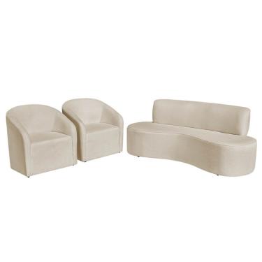 Imagem de Kit Sofá Curvo Amsterdã 140cm E 2 Poltronas Luiza Max Bouclé Bege