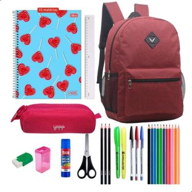 Imagem de Kit Material Escolar Mochila Estojo Caderno Lapis Cola Caneta Feminino