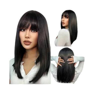 Imagem de Peruca Sintética Preta De 26 Polegadas, Longa E Lisa Com Franja, Peruc