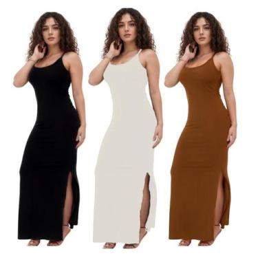 Imagem de KIT C/3 Vestidos Canelado Longo com Fenda - Emporio J, Preto, Branco, 