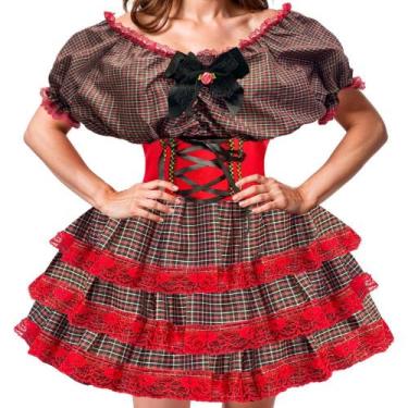 Imagem de Vestido Feminino de Festa Junina Luxo Xadrez Super Rodado Acinturado C