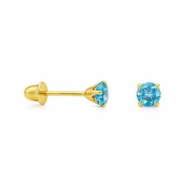 Imagem de Brinco em Ouro 18K com Zircônia Redonda Azul Claro - Joia Elegante - J