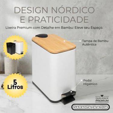 Imagem de Lixeira 5 Litros Retangular Com Tampa De Bambu E Pedal Branca Para Coz