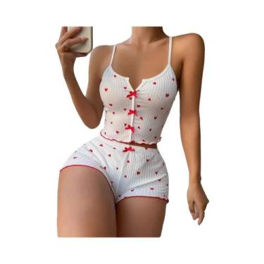 Imagem de Conjunto De Pijamas De Seda Com Estampa De Coração Para Mulheres, Top 