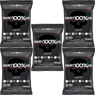 Imagem de Kit 5X Whey 100% HD - 900g Refil Morango - Black Skull