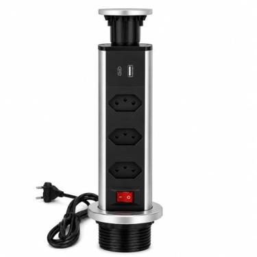 Imagem de Torre De Tomadas Multiplug com 3 tomadas Usb + Usb C de Embutir Mesa Bancada escritorio