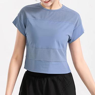 Imagem de Camiseta esportiva feminina costura malha manga curta respirável corrida ioga academia treino roupas esportivas(Medium)(Azul)