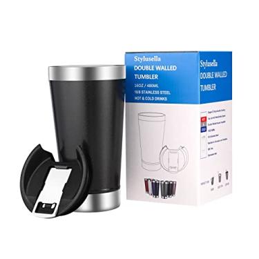 Imagem de Stylusella Tumbler, Caneca de cerveja de aço inoxidável 16oz/480ml, copo de vidro de pinta, copo isolado a vácuo de parede dupla, tampa de chávena com abre-garrafas de metal, mantém as bebidas frias ou quentes, perfeito para cerveja, café, chá gelado e outras bebidas (Meia-noite)