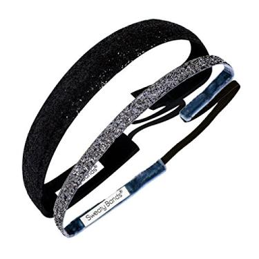 Imagem de Faixa de cabeça feminina para meninas da Sweaty Bands – Faixa de cabelo brilhante para fitness com forro de veludo antiderrapante – Pacote com 2 unidades Viva Diva Preto 2,5 cm e Viva Diva Gunmetal 3/8 polegadas