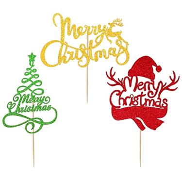 Imagem de Whaline 48 peças Toppers de cupcake de Natal 3 designs topo de bolo glitter árvore de natal boneco de neve de festa de feliz Natal mesa de centro de mesa de comida palhetas de decoração de cupcake suprimentos para o Natal