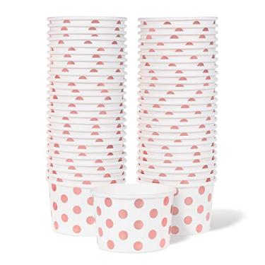 Imagem de Copos de papel para sorvete, pacote com 50 tigelas de sobremesa descartáveis de 255 ml para quente e frio, 255 g, bolinhas de folha de ouro rosa