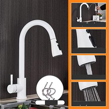 Imagem de Torneira de pia de cozinha removível preta, pulverizador de fluxo montado em convés, torneira misturadora de cozinha, banheiro, torneira quente e fria, branca