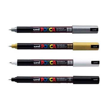 Imagem de Kit Caneta Uni Posca PC-1MR Branca Preta Ouro e Prata