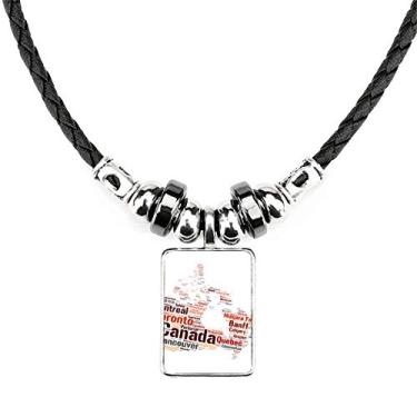 Imagem de DIYthinker Mapa do Canadá com nomes de cidades e pontos de referência, colar de joias, torque, pingente de corda de couro