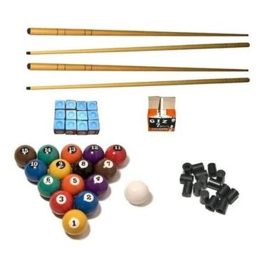 Imagem de Kit 4 Taco1,45+ Giz Azul+ Branco+ Bola Nª+ 20 Ponteira Sinuca