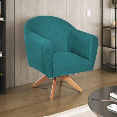 Imagem de Poltrona em Suede Base Giratória de Madeira Herrera Azul Turquesa