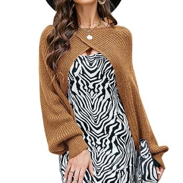 Imagem de Camisola feminina de manga comprida com cor pura outono inverno suéter de ombros pulôver gola redonda de malha cortada, Marrom, Tamanho Único
