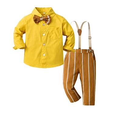Imagem de Camisa social infantil gravata infantil meninos manga longa camiseta tops listras calças infantis crianças (amarelo, 5-6 anos)