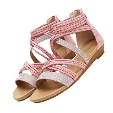Imagem de Holibanna Sandálias femininas estilo romano, sandálias de verão, sandálias gladiadoras, chinelos de tornozelo, tiras de tecido, sapatos de praia boêmios, rosa, 7