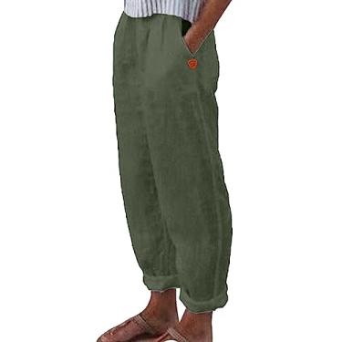 Imagem de Calça feminina de linho casual de verão elástica Wasit perna reta calça de algodão cropped praia férias para mulheres com bolsos, Verde, GG