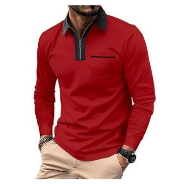 Imagem de Camisa polo masculina meio zíper cintura elástica golfe bolso frontal cor combinando pulôver, Vermelho, XXG
