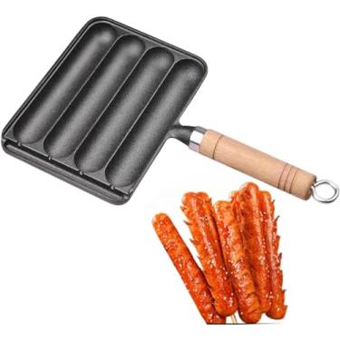 Imagem de Sausage Grill Pan, Cast Iron Sausage Pan, Non Stick Baking Tray With Anti Scald Wooden Handle, Sausage Pan Hot Dog Grill Pan, Dishwasher Safe Cooktop Rack For Induction Cooker Electric Stove Charcoa