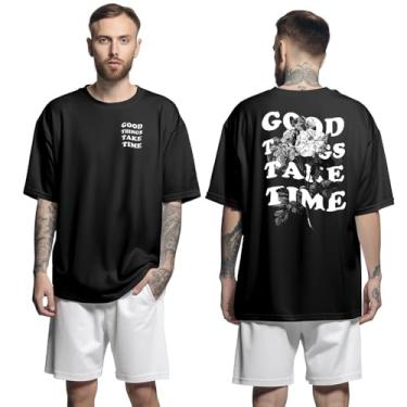 Imagem de Camisa Camiseta Oversized Streetwar Genuine Grit Masculina Larga 100% Algodão 30.1 Good Things Take Time - Preto - M