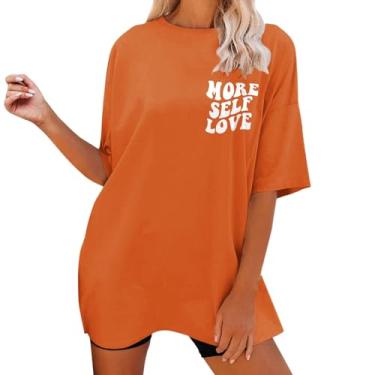 Imagem de Camisetas femininas estampadas com letras grandes, casuais, meia manga, gola redonda, túnicas soltas para o verão, Laranja, M