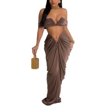Imagem de Uni Clau Conjunto de 2 peças para mulheres, tops cropped sexy, vestidos drapeados, franzidos, conjuntos de saia maxi, macacão de férias, 0661-marrom, G