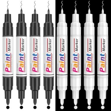 Imagem de Canetas de tinta de ponta dupla, 4 marcadores permanentes brancos e 4 pretos à base de óleo - ponta extra fina de 0,7 mm, impermeável, secagem rápida, boa cobertura para rocha, metal, pneu, plástico,