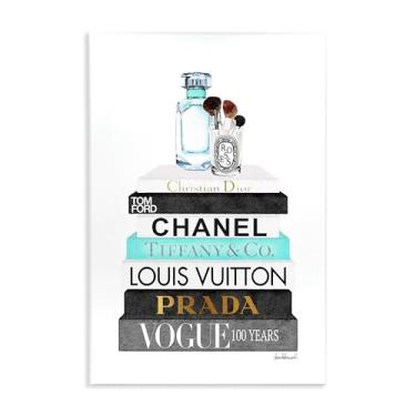 Imagem de Stupell Industries Book Stack Pincéis de perfume Glam Fashion Aquarela Placa de parede, 25 x 38 cm